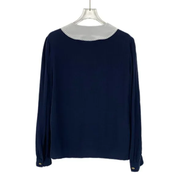 CW0144 MiuMiu Dark blue doll collar mulberry silk single-breasted long-sleeved